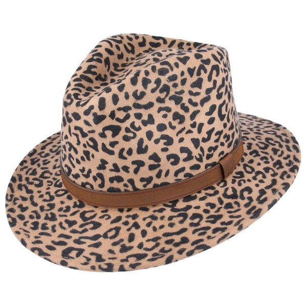 Fedora-Hut mit Leopardenmuster, 100 % Wollfilz, knautschbar, modischer, eleganter Look mit Lederband