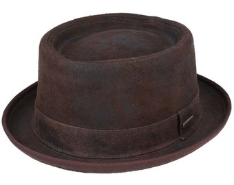 The Pork Pie Hat 100% Sheepskin Leather Water Repellent Vintage Pork Pie Hat Brown Black