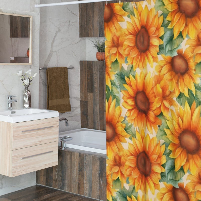 Cartoon Sunflower Pattern Print Bathroom Shower Curtain