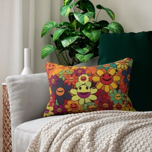 Smiley Faces Lumbar Pillow - Hippie Retro Pillow - Smiley Faces - 1970&#39;s Pillow - Flower Power Pillow - Groovy Smiley Pillow