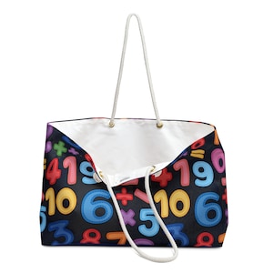 Math Teacher Weekender Bag Educator Gift Number Numbers Symbols Equal Signs Division Multiplication Yellow Orange Red Purple Blue Green