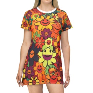 Smiley Faces T-Shirt Dress: Groovy 1970s Hippie Flower Power