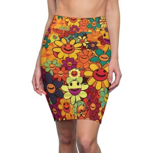 Women&#39;s Pencil Skirt Smiley Faces - 1970&#39;s Pencil Skirt - Groovy Skirt - Retro 1970&#39;s Disco Skirt - Flower Power Skirt - Lots of Flowers
