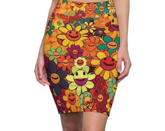 Women's Pencil Skirt Smiley Faces - 1970's Pencil Skirt - Groovy Skirt - Retro 1970's Disco Skirt - Flower Power Skirt - Lots of Flowers