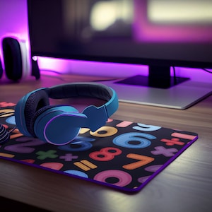May include: A pair of blue and black gaming headphones rests on a black mousepad with colorful numbers and symbols. The setup includes a computer monitor and other gaming accessories, all on a wooden desk.