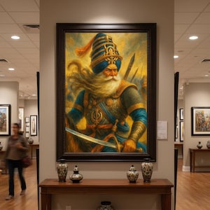 May include: An oil painting of a Sikh warrior in a museum setting. The artwork depicts a man with a long white beard, wearing a blue and gold turban and armor, holding a sword. A wooden table with decorative vases sits below the painting.