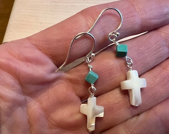 Mother of pearl cross and turquoise earrings