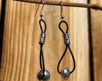 Black leather earrings with silver