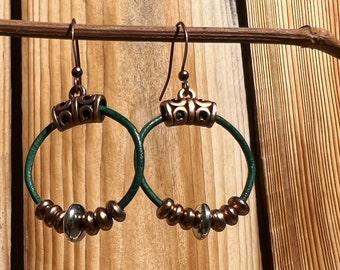 Green leather mixed metal earrings