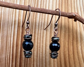Jade and hematite beaded copper earrings