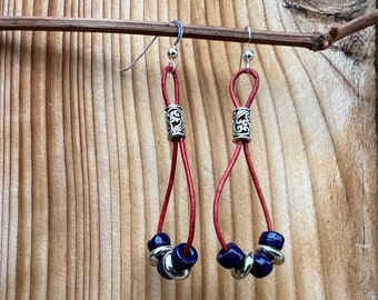 Red leather earrings with silver and navy beads
