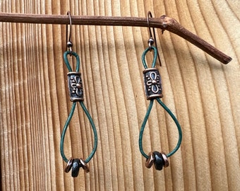 Green leather cord earrings with copper