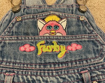 90s Vintage Furby denim 24m overalls kids toddler pink jean pants cargo pockets