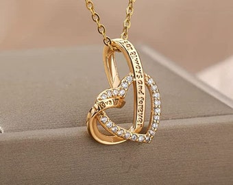 CoAesthetics-Double Love Heart Pendant Necklace For Women Stainless Steel Gold Color Necklaces Couple Jewelry