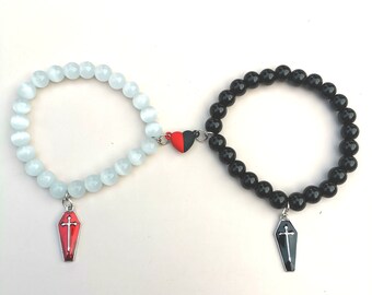 Halloween Till Death Heart Magnetic Couple Bracelets Set 2 Pcs, Matching Beaded, Gothic Tomb, Gift for Him Her, Valentine's Day Gift