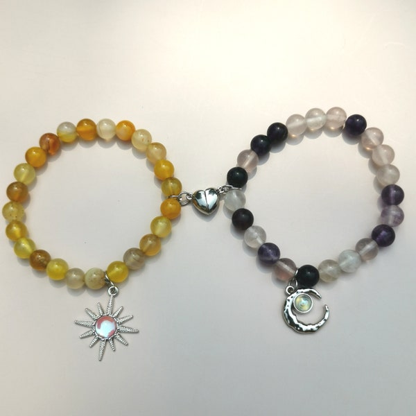 Y2K Sun Moon Magnetic Couple Bracelets Set 2 Pcs, Bracelets perlés assortis, Paire de bracelets y2k, Cadeau pour lui, Cadeau de la Saint-Valentin