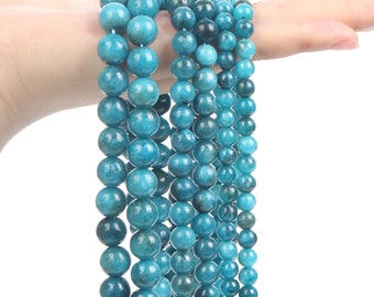 Fil de perles en pierre naturelle d'apatite bleue imitation lisse - Disponible en 6 mm, 8 mm et 10 mm