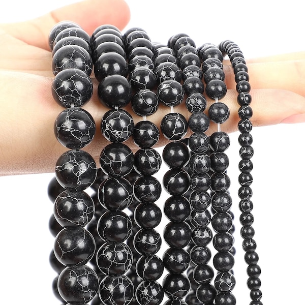 Rang de perles rondes polies en pierre naturelle en turquoise noir lisse - Disponible en tailles 4 mm, 6 mm, 8 mm, 10 mm, 12 mm