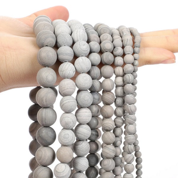 Matte Frosted Grey Veins Natural Stone Beads Round Strand - 6mm 8mm 10mm 12mm