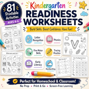 May include: A colorful educational worksheet set for ages 4-6, featuring 81 printable activities. The image includes sections on letter recognition, phonics, fine motor skills, and handwriting. Text reads "Kindergarten Readiness Worksheets."