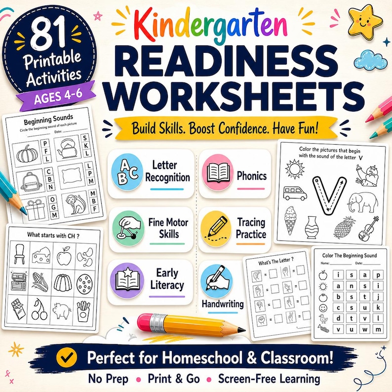 May include: A colorful educational worksheet set for ages 4-6, featuring 81 printable activities. The image includes sections on letter recognition, phonics, fine motor skills, and handwriting. Text reads "Kindergarten Readiness Worksheets."