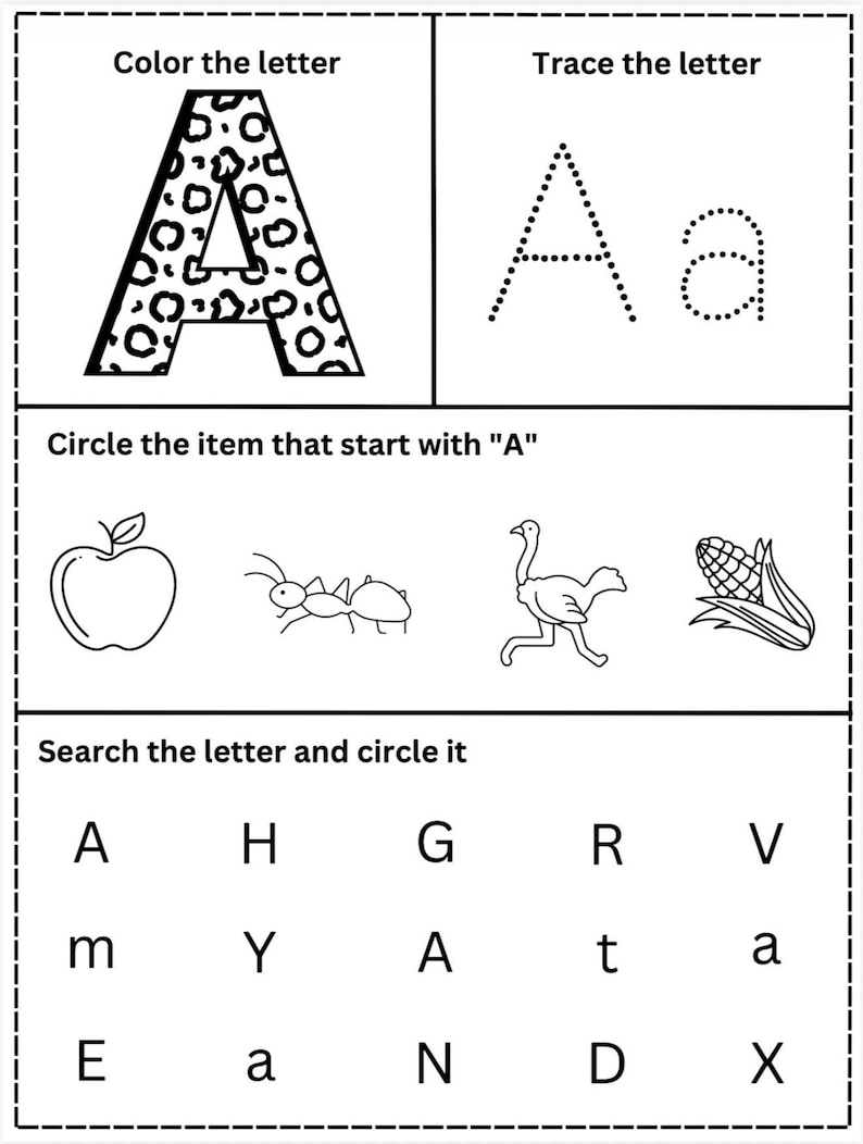May include: Black and white educational worksheet for learning the letter "A". Includes sections to color, trace, and identify items starting with "A". Features an apple, ant, ostrich, and corn. Also includes a letter search activity.