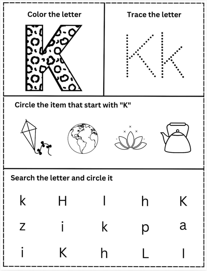 May include: Black and white educational worksheet with activities to learn the letter "K". Includes sections to color, trace, and identify the letter, along with a search and circle activity. Features a leopard print "K" for coloring.