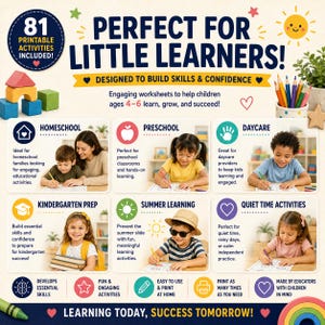 May include: A colorful educational poster with the text "Perfect for Little Learners!" and "81 Printable Activities Included!" It features images of children engaged in learning activities, and the text "Learning Today, Success Tomorrow!"