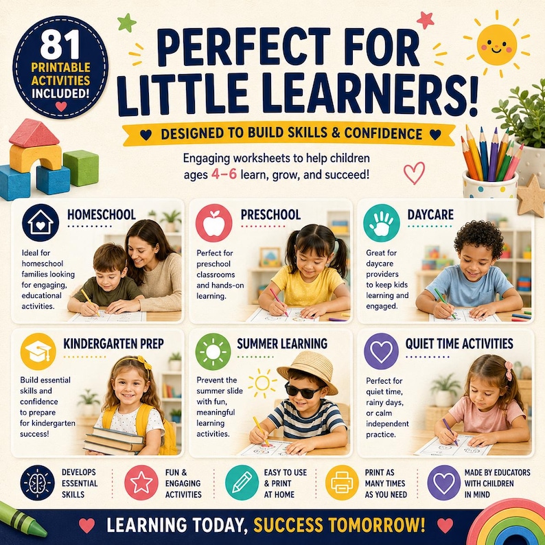 May include: A colorful educational poster with the text "Perfect for Little Learners!" and "81 Printable Activities Included!" It features images of children engaged in learning activities, and the text "Learning Today, Success Tomorrow!"