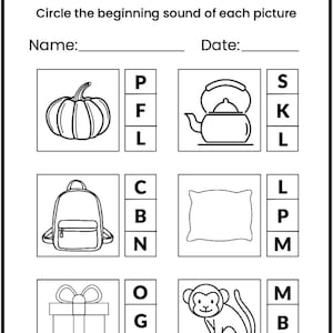 May include: Black and white worksheet titled "Beginning Sounds". It features images of a pumpkin, kettle, backpack, pillow, gift, and monkey. Each image has three letter choices below it for the user to circle the correct beginning sound.