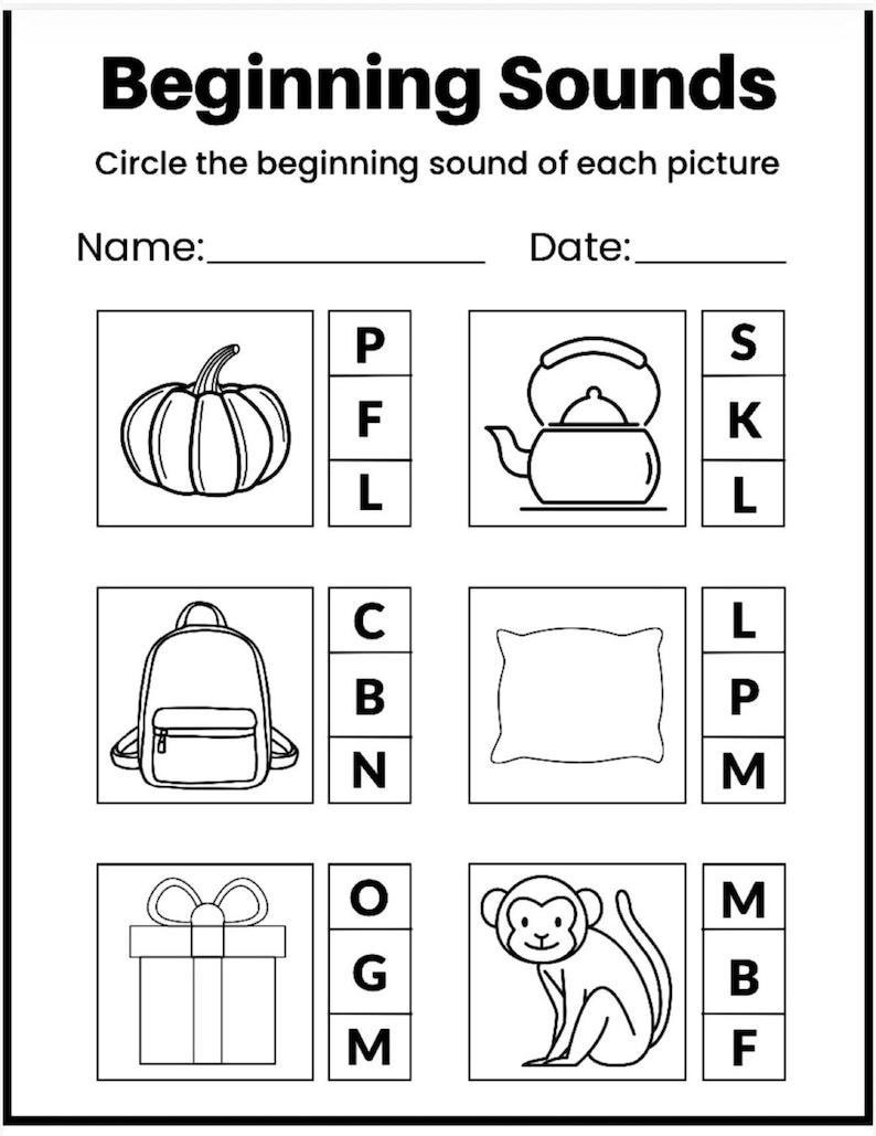 May include: Black and white worksheet titled "Beginning Sounds". It features images of a pumpkin, kettle, backpack, pillow, gift, and monkey. Each image has three letter choices below it for the user to circle the correct beginning sound.