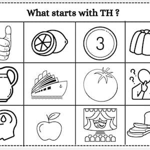 May include: Black and white educational chart with the text "What starts with TH ?" featuring illustrations of a thumbs up, lemon, number 3, jelly, pitcher, cruise ship, tomato, person thinking, brain, apple, theater, and bread.