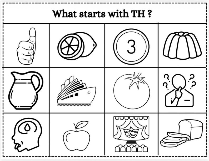 May include: Black and white educational chart with the text "What starts with TH ?" featuring illustrations of a thumbs up, lemon, number 3, jelly, pitcher, cruise ship, tomato, person thinking, brain, apple, theater, and bread.
