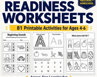 Kindergarten Readiness Activities, Beginning Sounds Worksheets, Phonics Printable PDF, Tracing Coloring Pack, 81 Pages