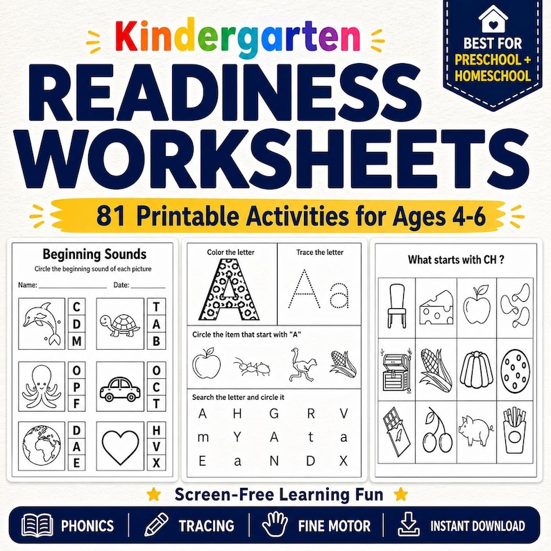 May include: A colorful worksheet for kindergarten readiness, featuring the text "Kindergarten Readiness Worksheets" and "81 Printable Activities for Ages 4-6." Includes phonics, tracing, and fine motor skill activities. Best for preschool and homeschool.