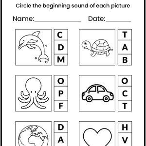 May include: Black and white worksheet titled "Beginning Sounds." The worksheet features illustrations of a dolphin, turtle, octopus, car, globe, and heart. Each image has three letter choices for the beginning sound.