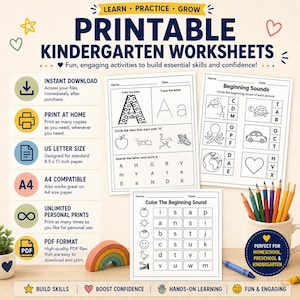 May include: Printable kindergarten worksheets with activities to build skills. The image shows three worksheets with exercises for learning letters and beginning sounds. The worksheets are accompanied by a mug of colored pencils, a blue crayon, and a wooden rainbow.