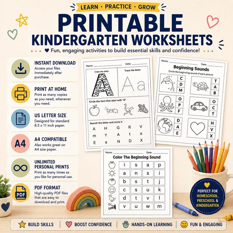 May include: Printable kindergarten worksheets with activities to build skills. The image shows three worksheets with exercises for learning letters and beginning sounds. The worksheets are accompanied by a mug of colored pencils, a blue crayon, and a wooden rainbow.