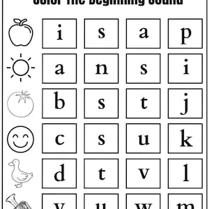 May include: Black and white worksheet titled "Color The Beginning Sound." The worksheet includes images of an apple, sun, tomato, smiley face, duck, and a musical instrument. Each image is paired with a grid of letters.