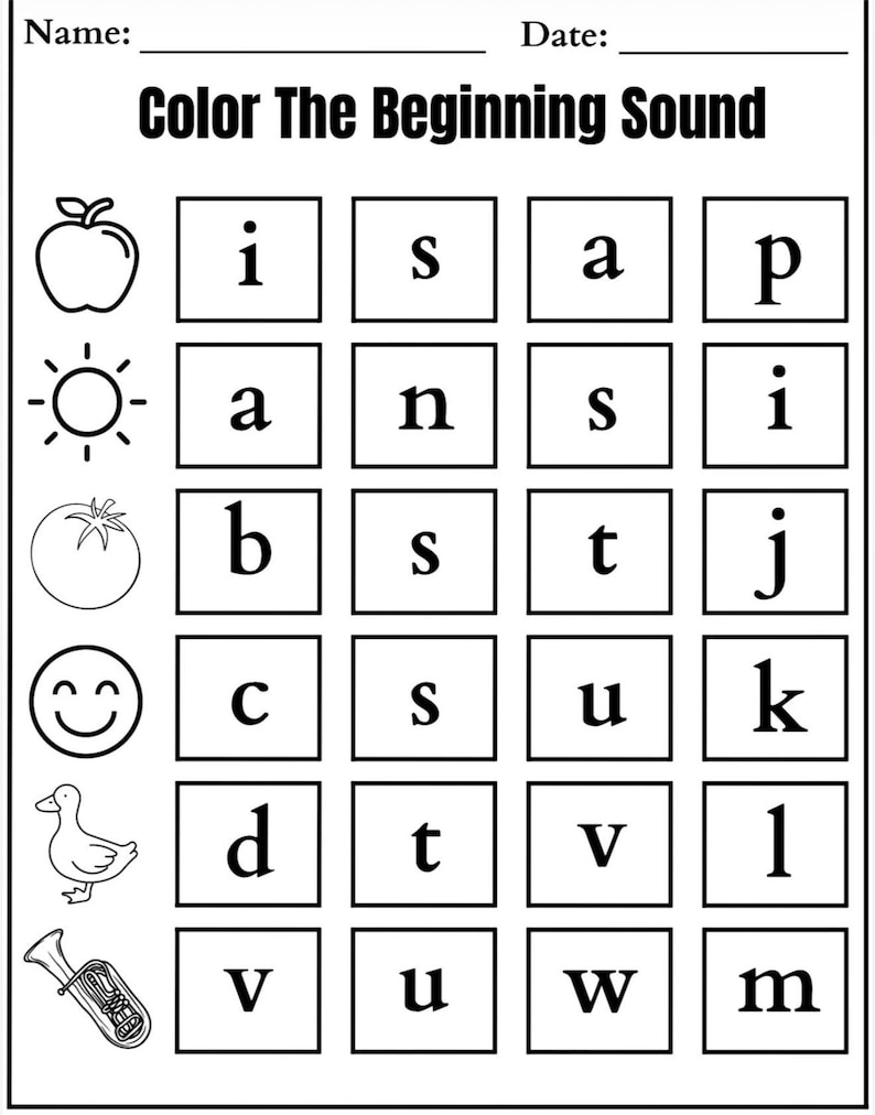 May include: Black and white worksheet titled "Color The Beginning Sound." The worksheet includes images of an apple, sun, tomato, smiley face, duck, and a musical instrument. Each image is paired with a grid of letters.