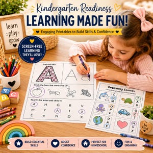 May include: Educational printables for kindergarten readiness with the text "LEARNING MADE FUN!" A young girl is coloring a worksheet with the letter "A". The image includes crayons, wooden blocks, and a rainbow-shaped toy. The text says "SCREEN-FREE LEARNING THEY'LL LOVE!"