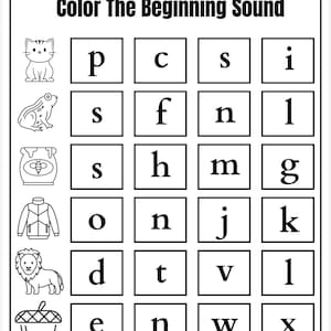 May include: Black and white worksheet titled "Color The Beginning Sound". The worksheet includes a grid of letters and images of a cat, frog, bee, jacket, lion, and acorn. Spaces are provided for the name and date.