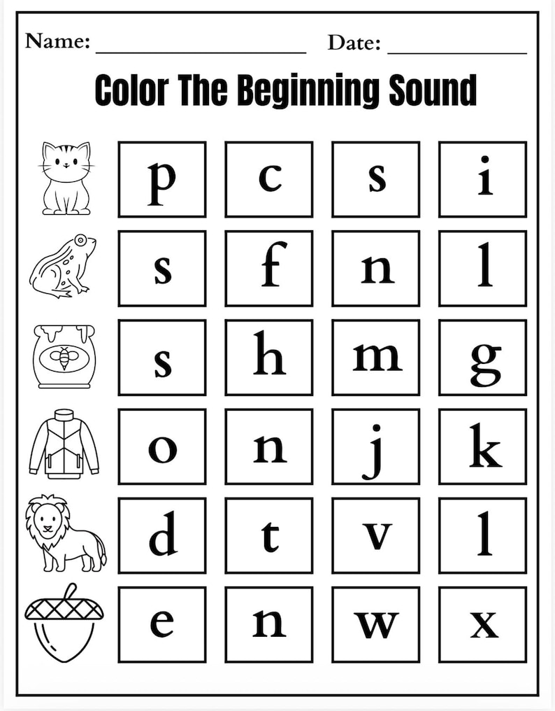 May include: Black and white worksheet titled "Color The Beginning Sound". The worksheet includes a grid of letters and images of a cat, frog, bee, jacket, lion, and acorn. Spaces are provided for the name and date.