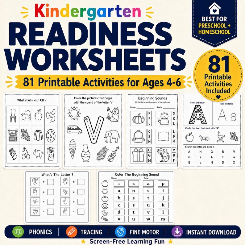 May include: A set of kindergarten readiness worksheets with the title "Kindergarten Readiness Worksheets" in blue and yellow. The worksheets include 81 printable activities for ages 4-6, with sections on phonics, tracing, and fine motor skills.