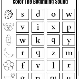 May include: Black and white worksheet titled "Color The Beginning Sound." Includes illustrations of a strawberry, panda, watch, moon, flower, and goat. Each image is paired with a grid of letters for a phonics activity.