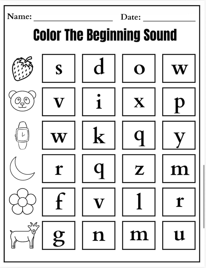 May include: Black and white worksheet titled "Color The Beginning Sound." Includes illustrations of a strawberry, panda, watch, moon, flower, and goat. Each image is paired with a grid of letters for a phonics activity.
