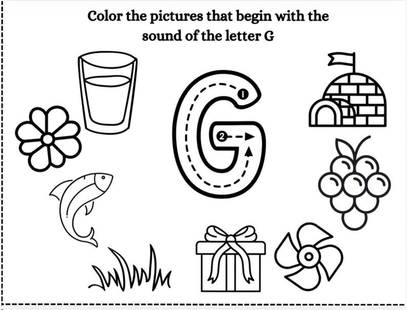 May include: Black and white educational worksheet with the text "Color the pictures that begin with the sound of the letter G." Includes illustrations of a glass, flower, fish, grass, letter G, igloo, grapes, gift, and a fan.