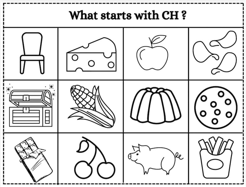 May include: Black and white line drawing of a grid with various objects. The text "What starts with CH?" is at the top. The grid includes a chair, cheese, apple, chips, treasure chest, corn, gelatin, pizza, chocolate bar, cherries, pig, and french fries.
