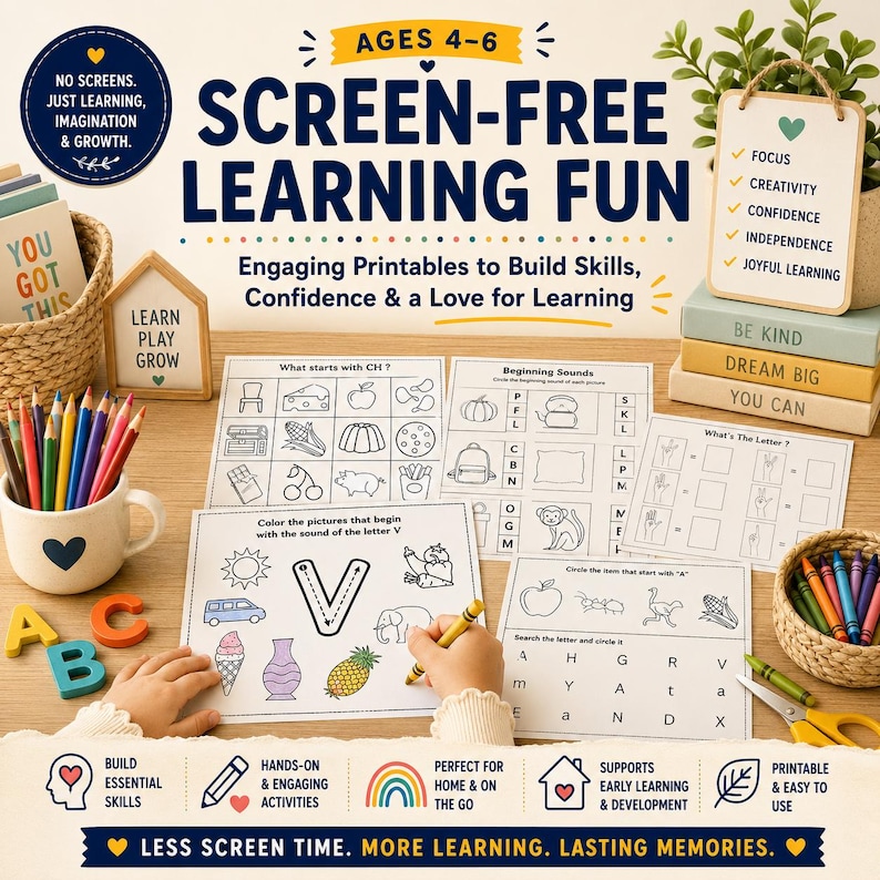 May include: Educational printables for ages 4-6 with the text "SCREEN-FREE LEARNING FUN." The image shows worksheets, colored pencils, and wooden blocks. The printables focus on building skills, confidence, and a love for learning.