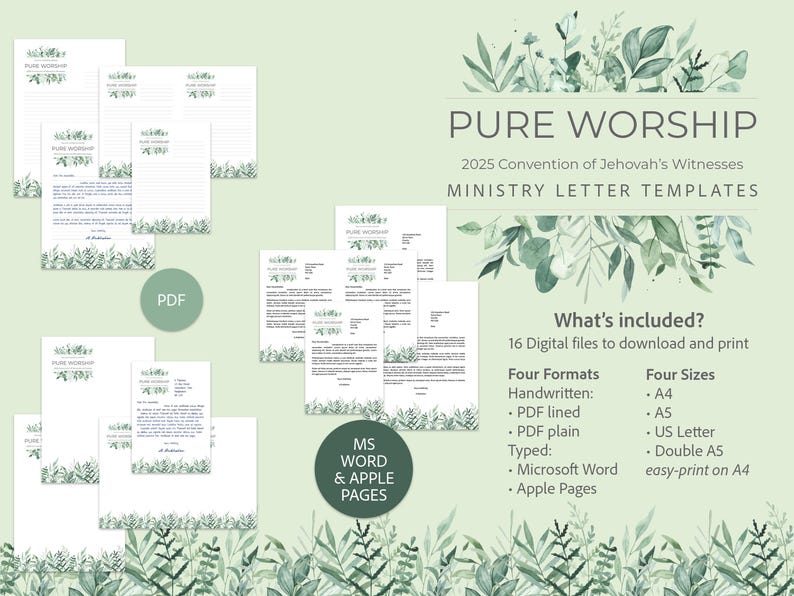 2025 "pure Worship" Convention - Green Foliage - JW Printable Letter Writing Ministry Templates ...